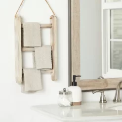 Farmlyn Creek 3-Tier Rustic-Style Hanging Towel Rack, Small Wooden Hanging Ladder Towel Racks For Bathroom With Rope, 10 X 23 In, Whitewashed