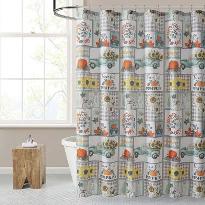 Kate Aurora Autumn Accents Plaid Patchwork Fall Pick Up Trucks & Pumpkin Patch Fabric Shower Curtain - Standard Size