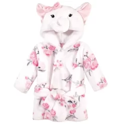 Hudson Baby Infant Girl Plush Animal Face Bathrobe, White Elephant, 0-9 Months