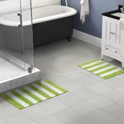 2pc Striped Washable Bathroom Rug Set Lime Green/White - Garland Rug