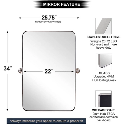 ANDY STAR 34 Inch Tall By 22 Inch Wide Rectangular Tilting Modern Floating Vanity Mirror With Rounded Edges And Adjustable Wall Mounts, Brushed Nickel - Image 2