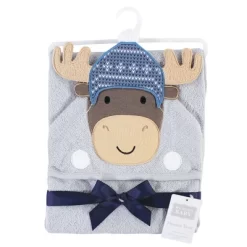 Hudson Baby Infant Boy Cotton Animal Face Hooded Towel, Winter Moose, One Size
