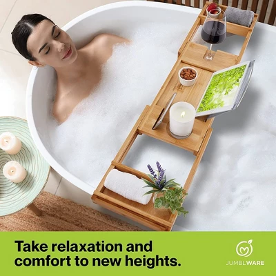 JumblWare Bamboo Bathtub Caddy, Bath Tray With Extendable Sides - Image 4