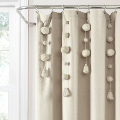 Boho Pom Pom Tassel Linen Single Shower Curtain - Lush Décor