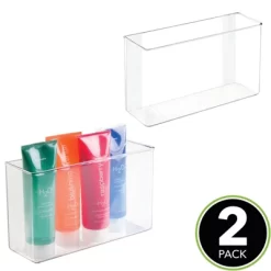 MDesign Plastic Bathroom Organizer Bin, Adhesive Mount For Wall, 2 Pack, Clear