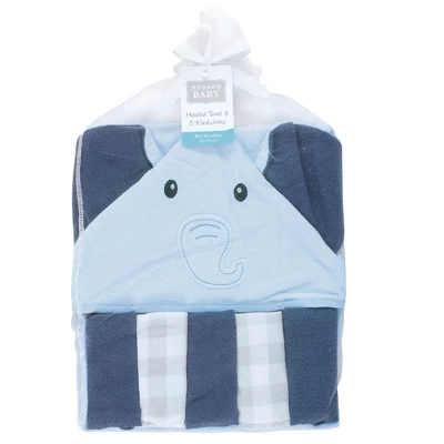 Hudson Baby Infant Boy Hooded Towel And Five Washcloths Set, Navy Blue Elephant, One Size