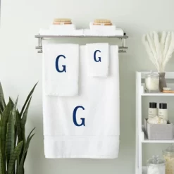 Juvale 3 Piece Letter G Monogrammed Bath Towels Set, White Cotton Bath Towel, Hand Towel, And Washcloth W Blue Embroidered Initial G For Wedding Gift